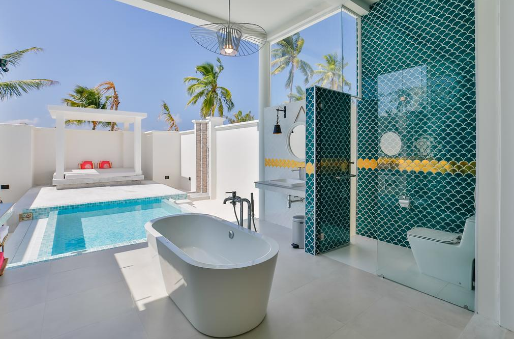 房型内部设施图片参考，如无边泳池与电视及音响， Sun Aqua Sultan Suite-苏丹套房  maldievs(伊露薇丽岛 Sun Aqua Iru Veli) 