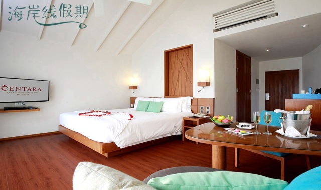 房型内部设施图片参考，如无边泳池与电视及音响， 顶级豪华温泉水上别墅-Premium Deluxe Spa Water Villa maldievs(国王岛(圣塔拉富士) Centara Ras Fushi) 