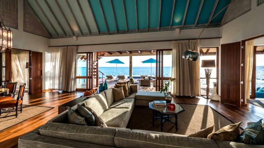 房型内部设施图片参考，如无边泳池与电视及音响， 日出/日落双卧室水上套房-Sunrise/Sunset Two-Bedroom Water Suite maldievs(大四季-兰达吉拉瓦鲁 Fourseasons Landaa Giraavaru) 