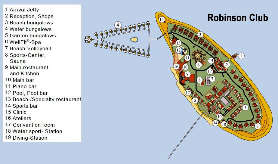 马尔代夫 鲁宾逊|罗宾逊|鲁滨逊 Robinson Club 平面地图查看
