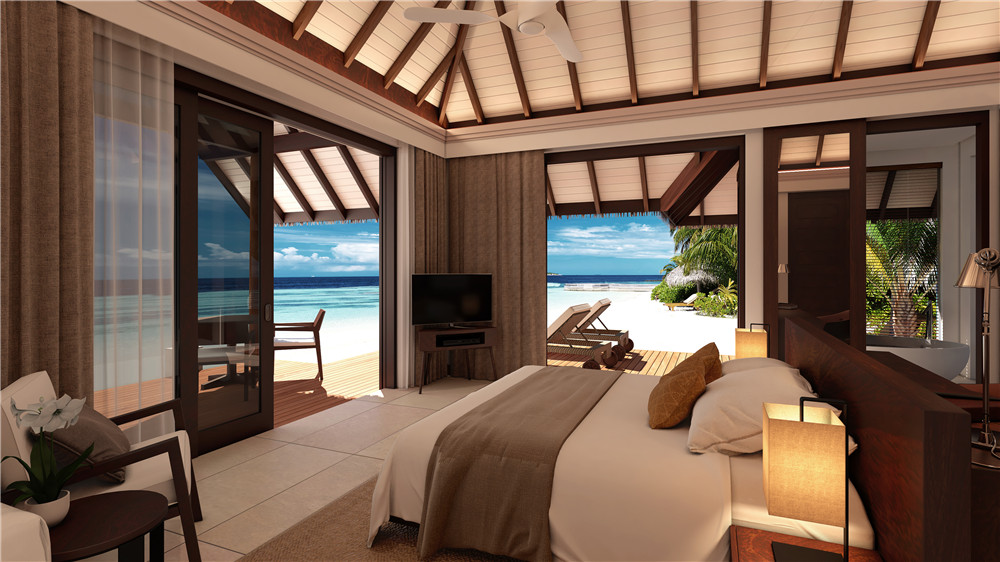 房型内部设施图片参考,如无边泳池与电视及音响, Beach Villa-海滩别墅 maldievs(海瑞坦斯阿拉岛|瑰宝岛 Heritance Aarah Maldives)
