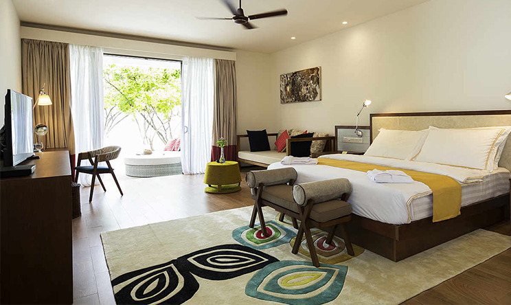 房型内部设施图片参考,如无边泳池与电视及音响, Double Room Sea View-海景双人房 maldievs(新鲁滨逊诺鲁岛|努努岛 Robinson Club Noonu)